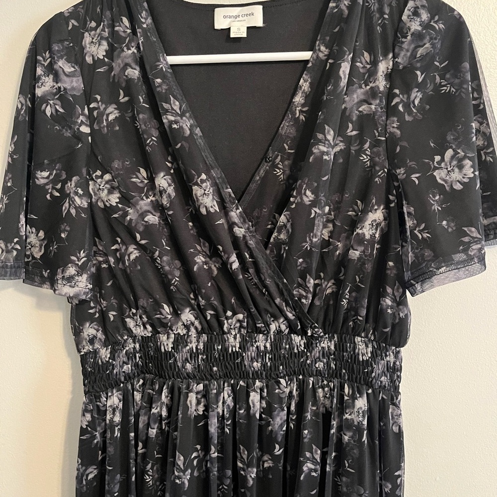 Orange Creek | 'Roberta' Surplice Printed Mesh Midi Dress in Black